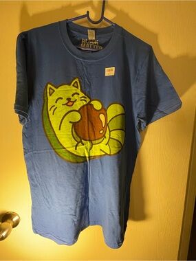 Threadless Blue Tee with Lime Green Cat and Brown Ball